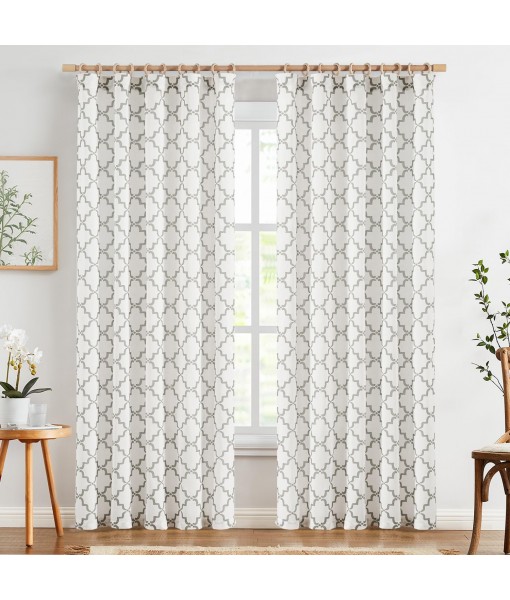 White and grey plaid print light filtering curtains