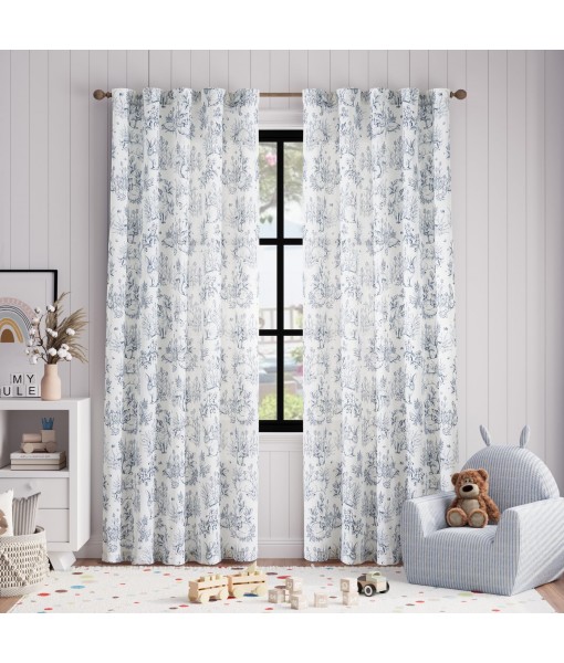 Blue Faux Linen Forest Wildlife Print Curtains