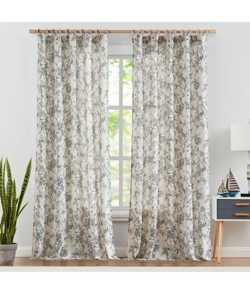 Green peony print linen blend curtains